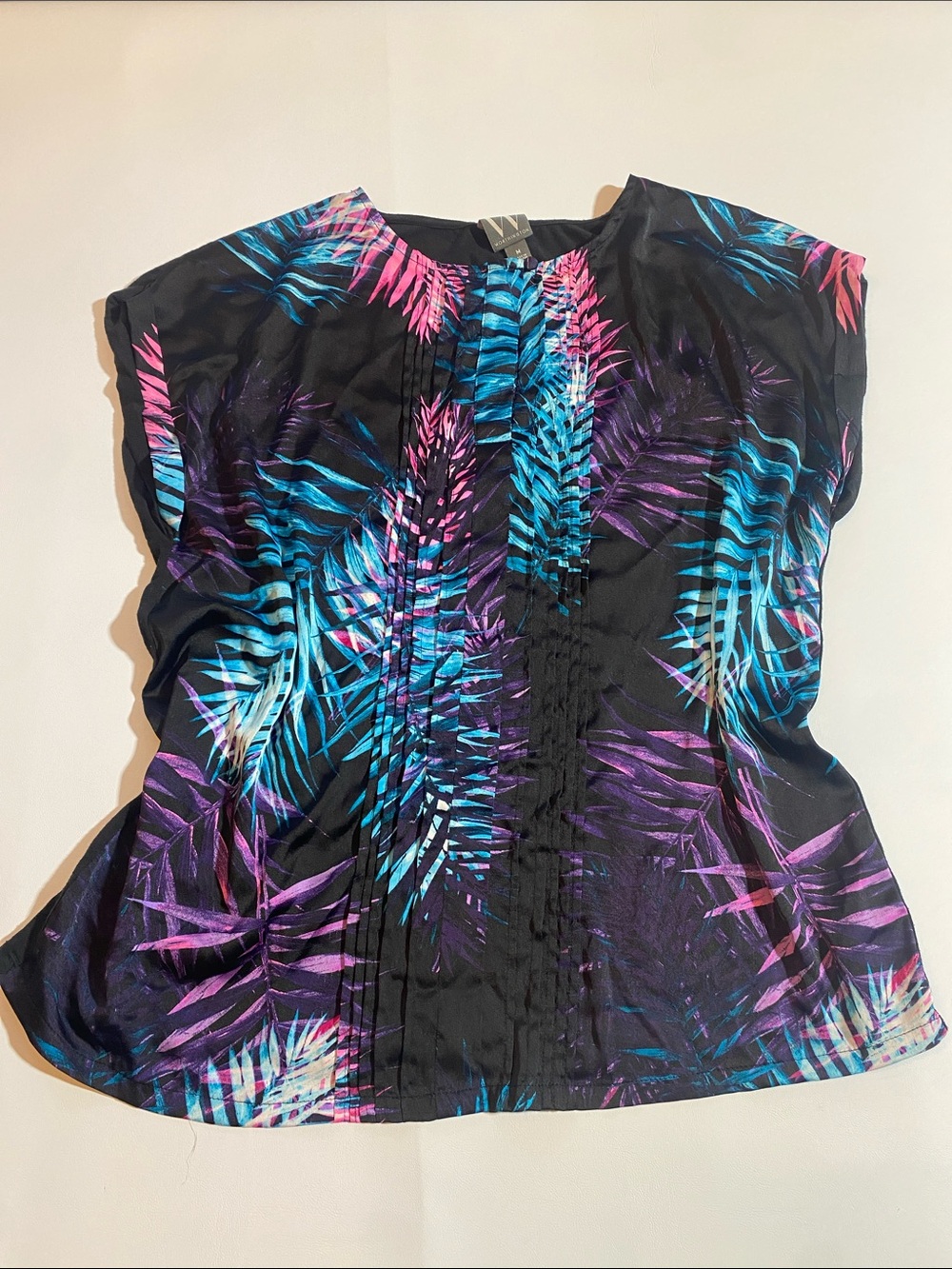 Worthington Black Short Sleeve Top with Blue, Purple & Pink Tropical Print